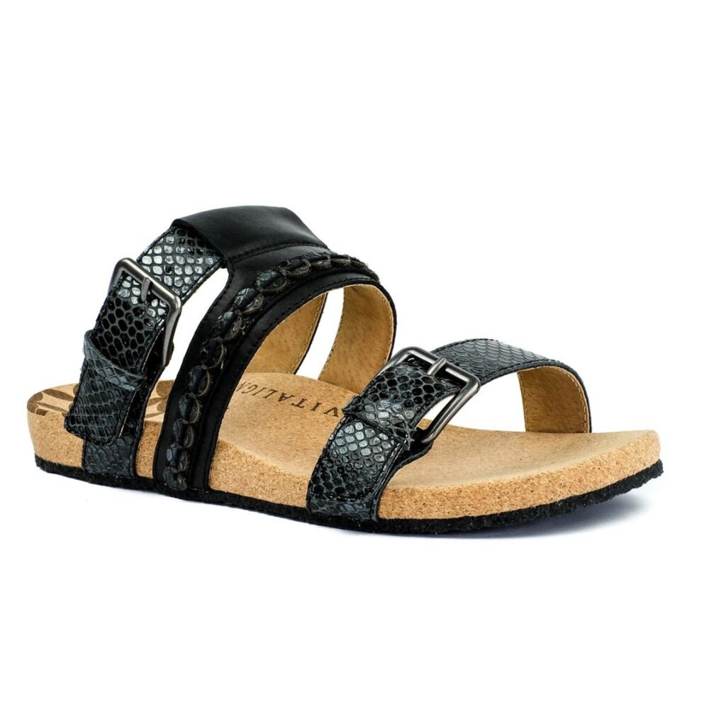 NWT REVITALIGN Sofia Slides Black Cork Insole Comfort Sandals, Sz 7